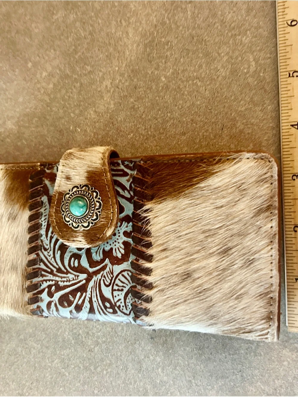 Myra Bag Turquoise Brown Hair-on-Hide Wallet with Tooled Leather